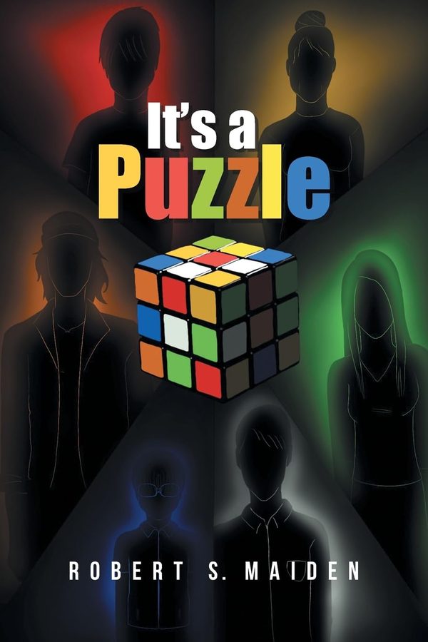 Cover of It’s a Puzzle: silhouettes lit in red, yellow, green, blue and white around a Rubik’s cube